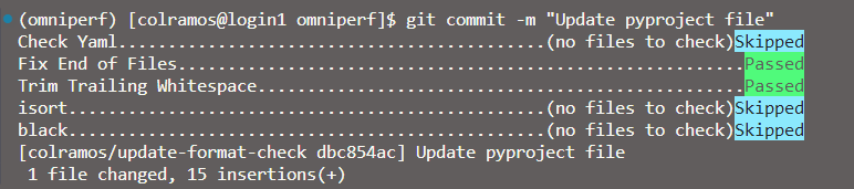 A screen capture showing terminal output from a pre-commit hook