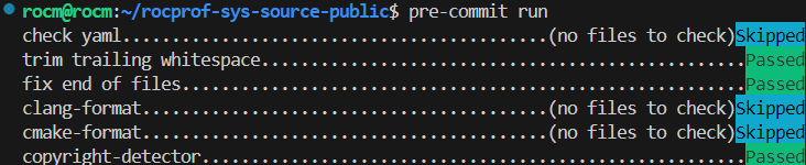 A screen capture showing terminal output from a pre-commit hook