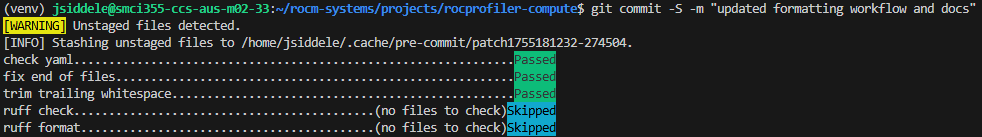A screen capture showing terminal output from a pre-commit hook
